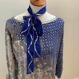 Judith Ann Creations Vintage 100% Pure Silk Sequin Blouse Disco Glam Rock Small